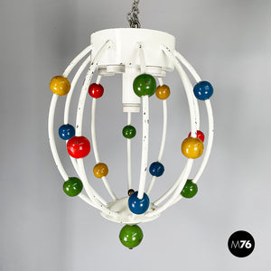 White iron chandelier with colored spheres, 1940s