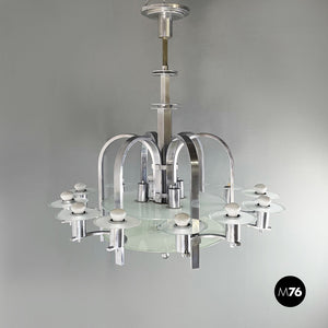 Chandelier with twelve lights in metal and glass, 1920s