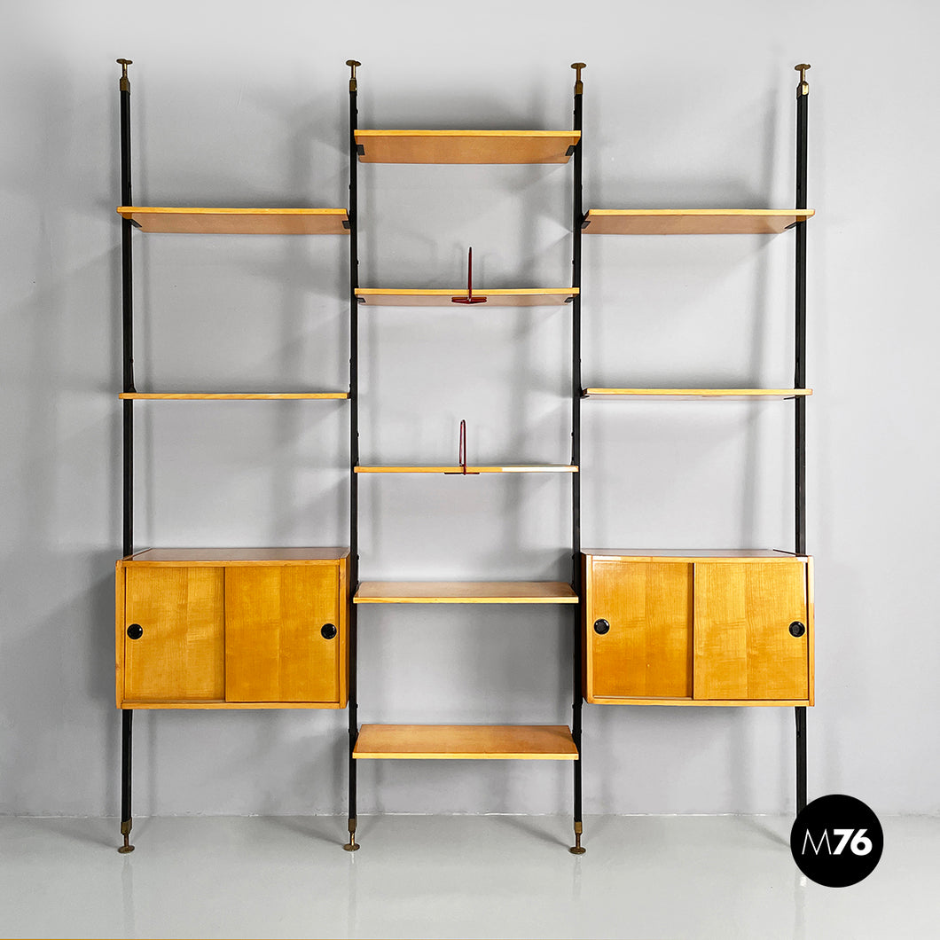 Modular bookcase in wood and black metal, 1960s