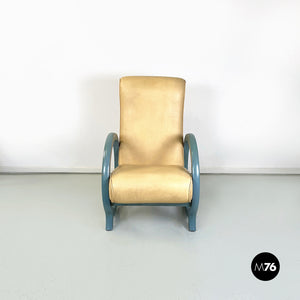 Armchair in beige leather and light blue wood, 1980s