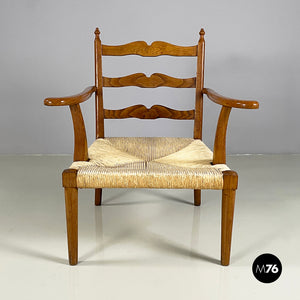 Armchairs in woven straw and wood, 1940s