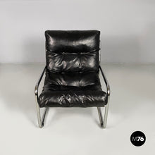 Charger l'image dans la galerie, Armchairs in metal and black faux leather, 1970s
