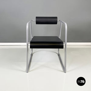Chair in gray metal, black rubber and wood, 1980s