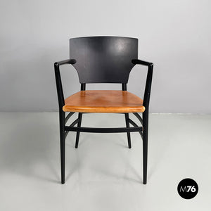 Chairs in black wood and brown leather, 1980s
