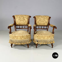 Charger l&#39;image dans la galerie, Armchairs in wood and yellow fabric, end of 1800s
