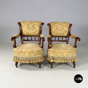 Armchairs in wood and yellow fabric, end of 1800s