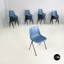 Load image into Gallery viewer, Stackable chairs in blue plastic and black metal, 2000s
