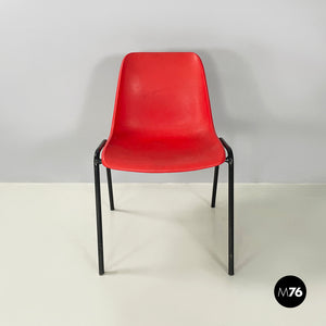 Stackable chairs in red plastic and black metal, 2000