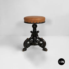 Load image into Gallery viewer, Stool in wood and brown leather, 1930s
