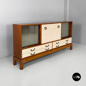 Sideboard in wood, brass and glass, 1940s