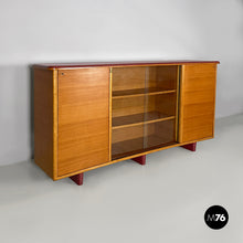 画像をギャラリービューアに読み込む, Sideboard in wood, glass and burgundy leather, 1960s
