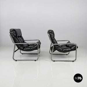 Armchairs in metal and black synthetic leather, 1970s