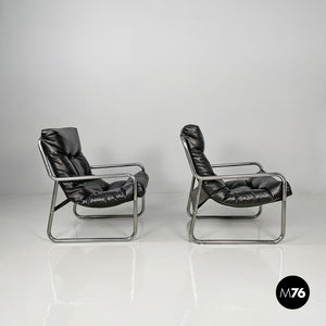Armchairs in metal and black synthetic leather, 1970s
