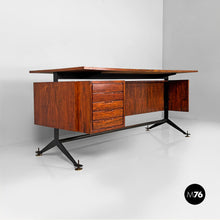 将图片加载到图库查看器，Desk in wood, black metal and brass, 1960s
