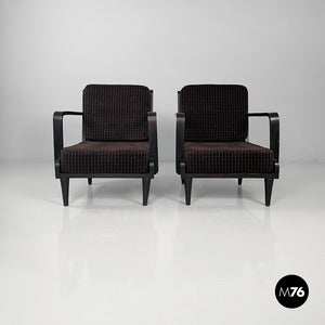 Armchairs in wood and brown velvet, 1940s