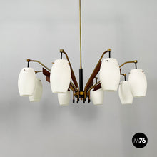 Carica l&#39;immagine nel visualizzatore di Gallery, 8-light chandelier in opaline glass, brass, metal and wood, 1950s
