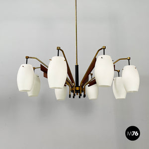 8-light chandelier in opaline glass, brass, metal and wood, 1950s