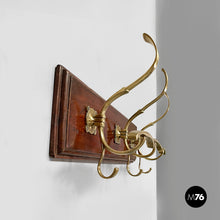 将图片加载到图库查看器，Wall coat rack in wood and brass, 1920s
