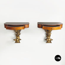 Load image into Gallery viewer, Bedside tables in golden finish wood, brass and glass, 1900s
