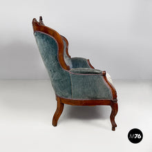 将图片加载到图库查看器，Sofa in light blue velvet and wood, 1930s
