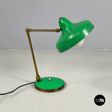 Charger l&#39;image dans la galerie, Adjustable table lamp in green metal and brass, 1950s
