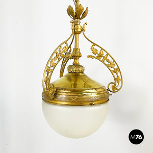 Chandelier in molded satin glass and brass, early 1900s