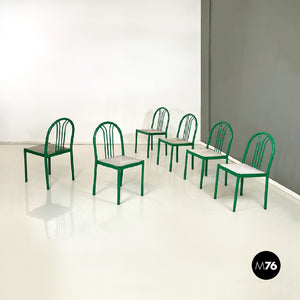 Green metal and grey straw chairs, 1980s