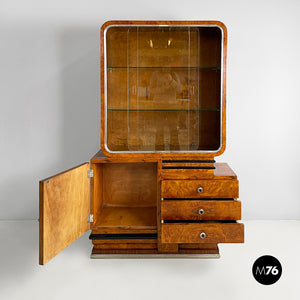 Asymmetrical wooden sideboard with glass display cabinet, 1920s