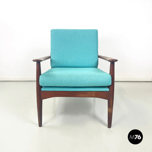 Armchairs in light blue fabric and wood, 1960s