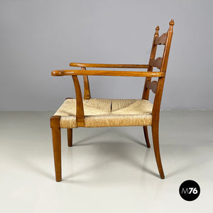 Armchairs in woven straw and wood, 1940s