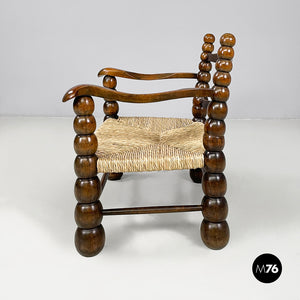 Armchairs in wood and straw, 1960s