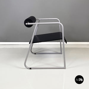 Chair in gray metal, black rubber and wood, 1980s