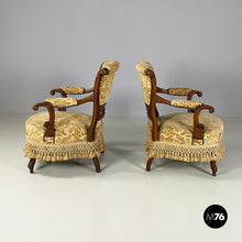 Charger l&#39;image dans la galerie, Armchairs in wood and yellow fabric, end of 1800s
