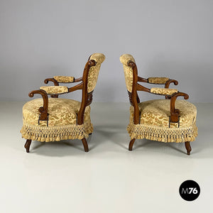 Armchairs in wood and yellow fabric, end of 1800s