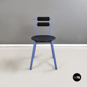 Chairs in blue metal, black wood and black rubber, 1980s