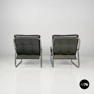 Armchairs in metal and black synthetic leather, 1970s