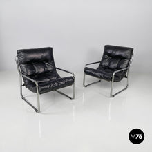 Load image into Gallery viewer, Armchairs in metal and black synthetic leather, 1970s
