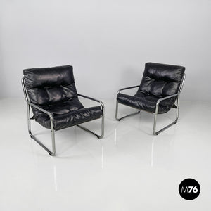 Armchairs in metal and black synthetic leather, 1970s
