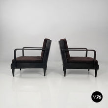 将图片加载到图库查看器，Armchairs in wood and brown velvet, 1940s
