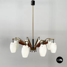 Carica l&#39;immagine nel visualizzatore di Gallery, 8-light chandelier in opaline glass, brass, metal and wood, 1950s
