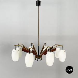 8-light chandelier in opaline glass, brass, metal and wood, 1950s