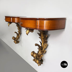 Bedside tables in golden finish wood, brass and glass, 1900s