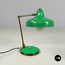 Charger l&#39;image dans la galerie, Adjustable table lamp in green metal and brass, 1950s
