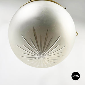 Chandelier in molded satin glass and brass, early 1900s