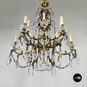 Glass drop chandelier with brass structure, 1900-1950s