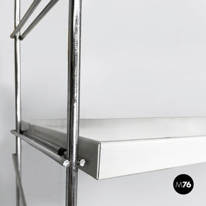 Modular wall bookcase in white metal and steel, 1980s