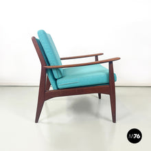 Load image into Gallery viewer, Armchairs in light blue fabric and wood, 1960s
