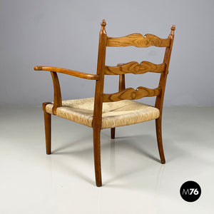 Armchairs in woven straw and wood, 1940s