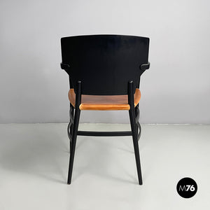 Chairs in black wood and brown leather, 1980s