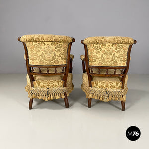 Armchairs in wood and yellow fabric, end of 1800s